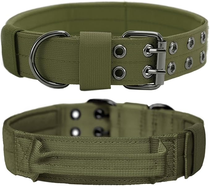 Tactical Dog Collar with Handle, Military Adjustable Heavy Duty Metal Buckle Dog Collars Soft Nylon Training Collar for Medium Large Dogs (Green, X-Large)