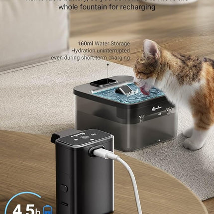 DownyPaws Battery Operated Cat Water Fountain, 84oz/2.5L Fursink Wireless Cat Waterer Fountain with Motion Sensor, BPA-Free, Black with 6 Filters