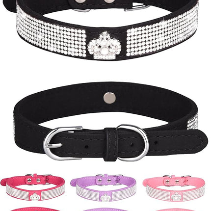 Dog Collar for Small Dogs, Adjustable Leather Suede Bling Dog Collars，Pink Dog Collar Cat Collar, Rhinestone Dog Collar (S, black3)
