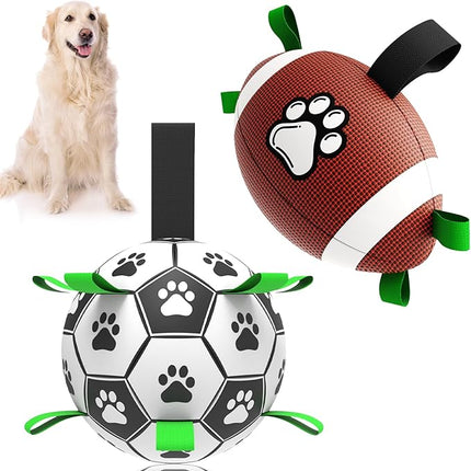 QDAN Dog Soccer Ball Football Set - 2 PCS Dog Balls with Strap for Tug of War, Soccer Ball Football Toys for Small Medium Large Dogs, Herding Ball for Dogs, Dog Birthday Toy