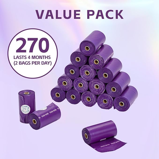 270 Count Scented Dog Poop Bags Rolls, 20 Micron Ultra Thick, Heavy Duty Tear Resistant Leak Proof for Yuck-Free Cleanup, Includes Dispenser & Leash Clip, 9 x 13 Inch, Gaze Doodle (Purple)
