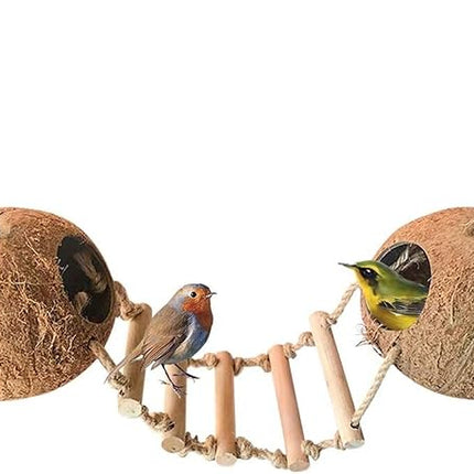 Bird Hides Coconut Nest with Wood Ladder,Syrian Hamster Cage Hanging Natural Coco Shell Hut Hide Toy with Wooden Bridge,Hollow Hideaway Toys for Small Animal Rat Lovebird Finches