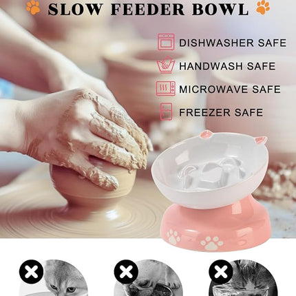Y YHY Ceramic Slow Feeder Cat Bowl, Elevated Cat Bowl Tilted Design Slow Feeder for Dog and Cat for Dry and Wet Food, Pink