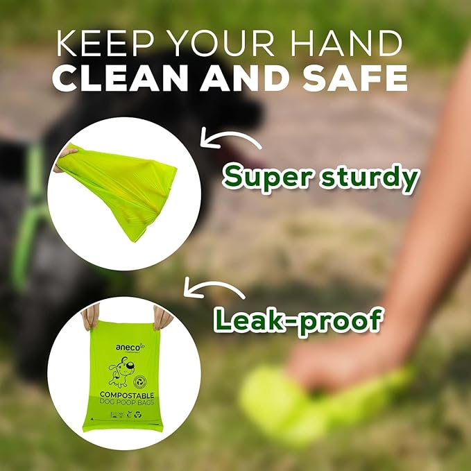 ANECO 100% Certified Home Compostable Dog Poop Bags (135 Count/9 Rolls), Large Poop Bags for Dogs & Cats, Extra Strong & Leak-proof Pet Waste Bags, California