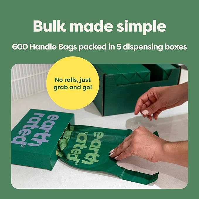 Earth Rated Dog Poop Bags with Handles Value Pack, Easy Tie and Guaranteed Leakproof, Lavender Scented, 600 Handle Bags