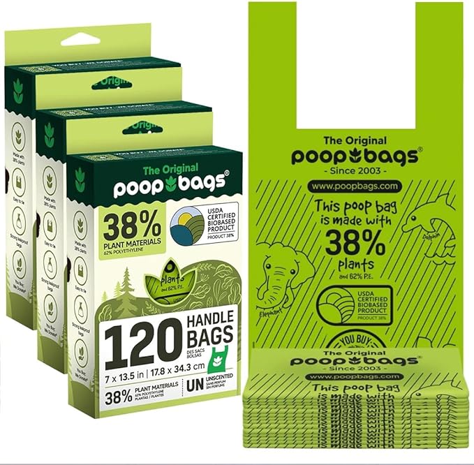 The Original Poop Bags® Dog Waste Bags with Handles - Heavy-Duty & Leak-Proof, USDA Certified 38% Plant-Based, Unscented, Easy Tie-Handle Poop Bags for All Size Dogs (360 Count)