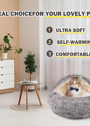 Cat Bed for Indoor Cats, Calming Cozy Cave with Self-Warming Plush, Entire Bed Machine Washable & Anti-Slip Base, Breathable Pet Bed for Small Cats&Dogs All Seasons (Khaki, 20 * 20inch)