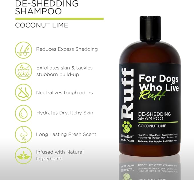 Ruff by Lillian Ruff Deshedding Dog Shampoo | Coconut Lime | Vitamin E, Omega-3, Aloe & Coconut Oil | Relieves Shedding, Itching & Hot Spots | Moisturizing & Deodorizing | Safe for Puppies | USA Made
