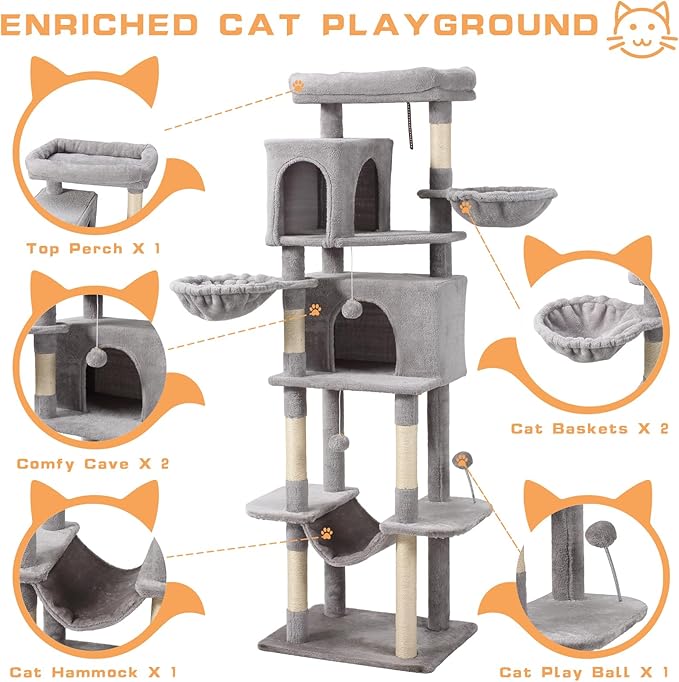70-Inch Cat Tree,Large Cat Tree Tower with Hammock, Scratching Post, Condo and Multi-Level Cat Tower for Large Cats, Cat Activity Center Playhouse, Light Gray LCT016
