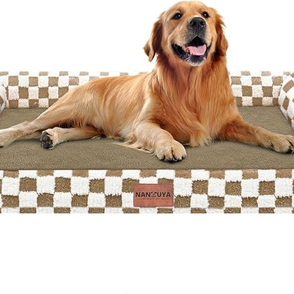 Large Dog Bed Orthopedic Washable: Beds Bolster XL Bed Big XLarge Dogs Egg Crate Foam Couch Sofa Waterproof with Removable Cover - Brown Grid