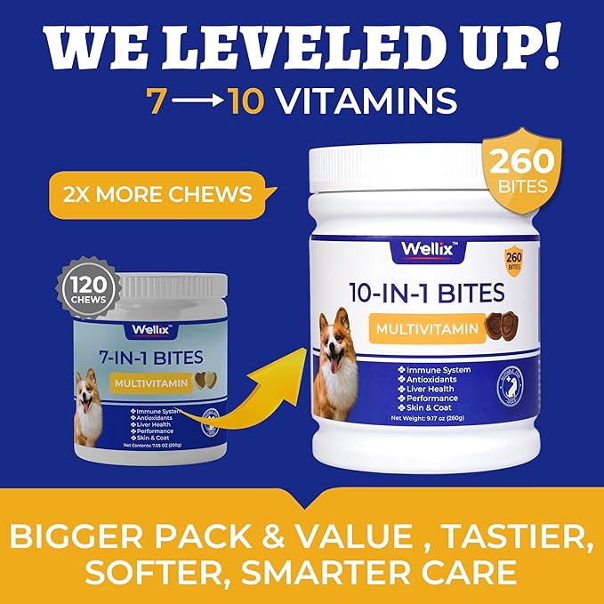 260 Bites Wellix 10-in-1 Dog Vitamins - Multivitamin for Dogs Immune Supports,Boost Hip&Joint,Skin&Coat,Liver&Gut Health -Dog Antioxidant Supplements