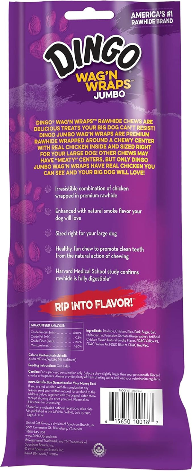 Dingo Wag’n Wraps Jumbo 2 Count, Made with Real Chicken, Rawhide Snack for Large Dogs (Pack of 3)