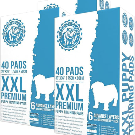 Bulldogology Premium Puppy Pads with Adhesive Tabs - Dog Pads Extra Large - Leak Proof Dog Pee Pads Extra Large - Ultra Absorbing Extra Large Puppy Pads (White-30x36 (120-Count))