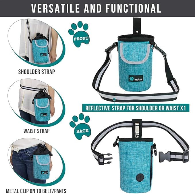 PetAmi Dog Treat Pouch, Large Pet Training Treat Pouch with Pocket, Dog Trainer Essentials Supply Holder with Poop Bag Dispenser, Training Bag for Kibbles Toys, 3 Ways to Wear (Turquoise)