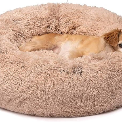 Friends Forever Donut Dog Bed Faux Fur Fluffy Calming Sofa For Small Dogs, Soft & Plush Anti Anxiety Pet Couch For Dogs, Machine Washable Coco Pet Bed with Non-Slip Bottom, 23"x23"x6" Tan