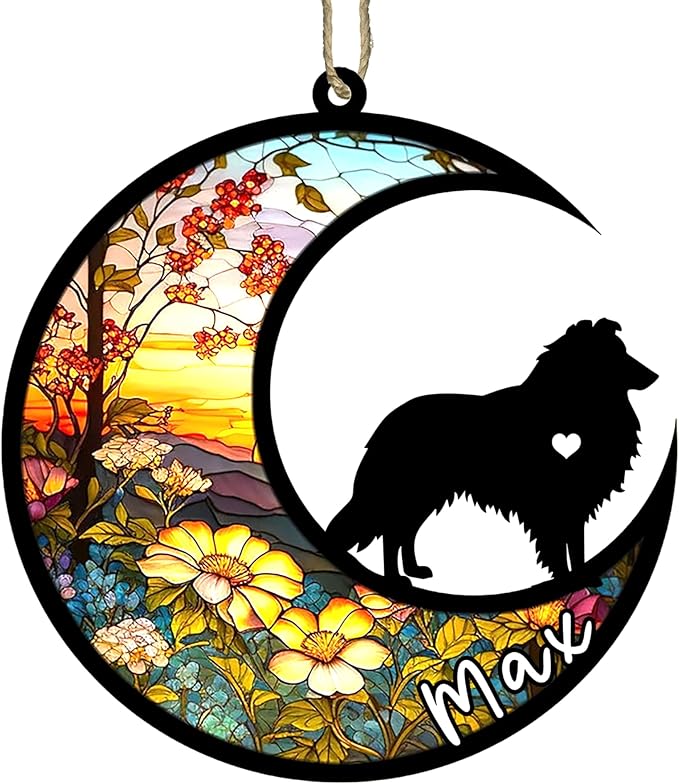 NAZENTI Shetland Sheepdog-Sheltie Hanging Ornament, Personalized Pet Memorial Suncatcher with Name, Christmas Gift for Dog Lovers