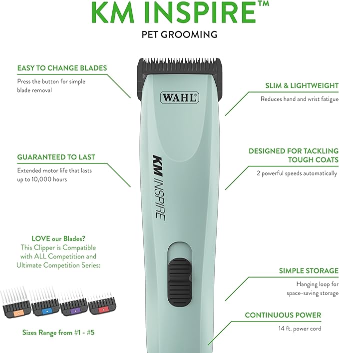 Wahl Pro Animal KM Inspire Grooming Clippers - Powerful Brushless Motor - Professional Grooming Kit - for Dog, Cat & Horse - Corded Dog Groomer - 4 Stainless Steel Guide Combs