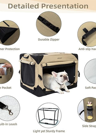 Pettycare 26 Inch Collapsible Dog Crate with Curtains Travel Dog Crate for Airflow and Calm Soft Pet Kennel with Portable Bag and More Chew Proof Mesh Indoor & Outdoor Beige 4 Door Curtains
