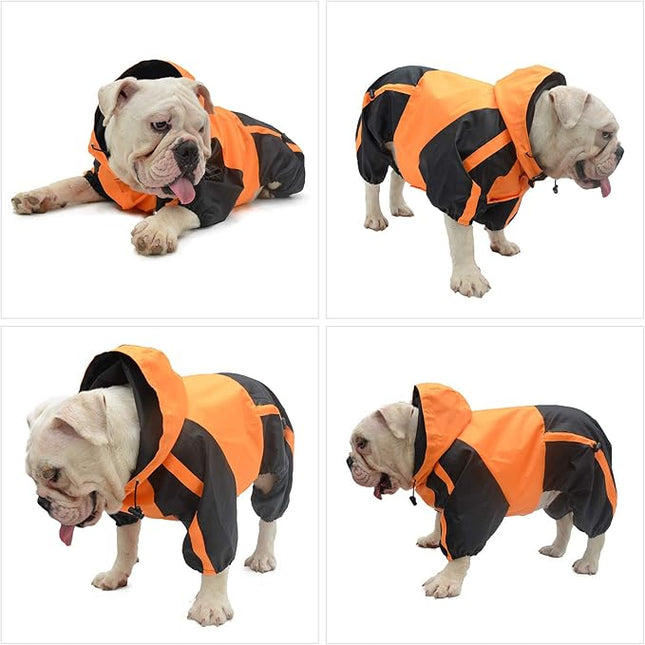 Lovelonglong American Bully Pitbull Dog Hooded Raincoat, Bulldog Rain Jacket Poncho Waterproof Clothes with Hood Breathable 4 Feet Four Legs Rain Coats for Pugs English French Bulldog Orange B-S