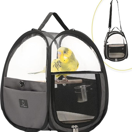 Bird Carrier for Travel with Clear Windows, Breathable Safe Fabric, Lightweight Small Bird Cage with Tray, Stand and Feeder, Portable Pet Bag for Parrot, Vet Visit, Outdoor, Small Animals