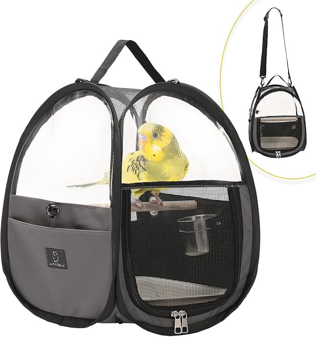 Bird Carrier for Travel with Clear Windows, Breathable Safe Fabric, Lightweight Small Bird Cage with Tray, Stand and Feeder, Portable Pet Bag for Parrot, Vet Visit, Outdoor, Small Animals