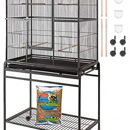 64" Extra Large Tight 1/2-Inch Bar Spacing Wrought Iron Flight Canary Parakeet Cockatiel Lovebird Finch Home Cage Side Nesting Box Doors with Removable Rolling Stand