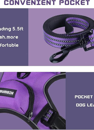 BUMBIN Dog Harness for Large Dogs, No Pull Adjustable No Choke Pet Vest with Dog Leash Fit Smart Reflective Pet Walking Harness for Training Easy Control Soft Handle Purple S