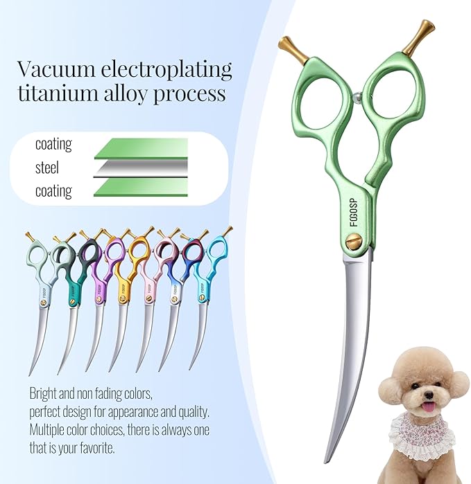 Professional Curved Dog Grooming Scissors with Sharper Self Grinding lightweight and finely trimmed split structure 6.5'' Japan VG10 63HRC for small dogs cat pet(Green)