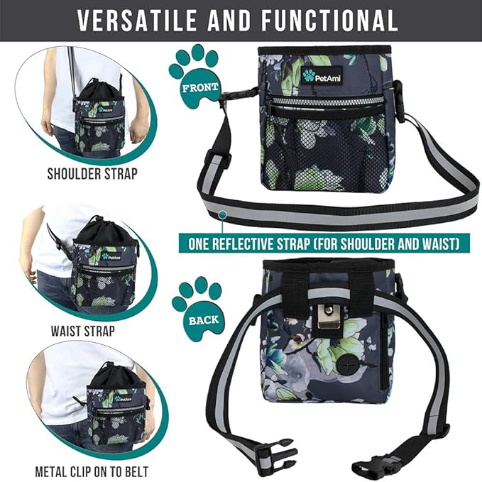 PetAmi Dog Treat Pouch, Pet Treat Pouch for Training, Dog Walking Bag Holder for Kibbles, Pet Food Toy, Dog Trainer Essentials Supplies, Poop Bag Dispenser, 3 Ways to Wear (Floral Grey)
