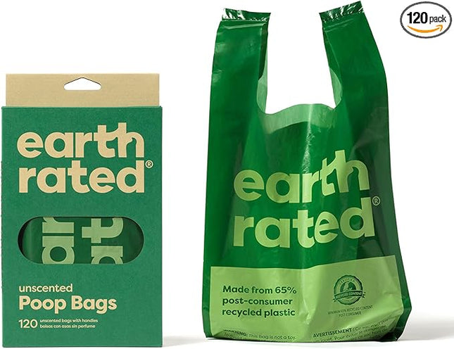 Earth Rated Dog Poop Bags with Handles, Extra Wide, Easy Tie and Guaranteed Leakproof, Unscented, 120 Handle Bags
