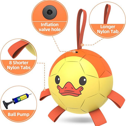 QDAN Dog Toys Soccer Ball with Straps, Interactive Dogs Toys for Tug of War, Puppy Birthday Gifts, Dogs Tug Toy, Dog Water Toy, Durable Dog Balls for Medium & Large Dog - Duck（8 Inch）