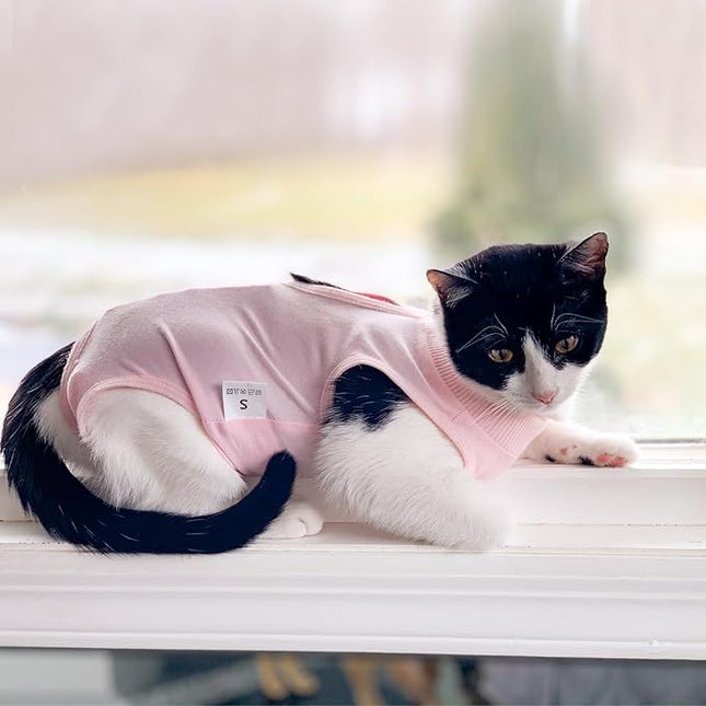 Cat Recovery Suit for Male and Female Surgical Post Surgery Soft Cone Onesie Shirt Clothes Neuter Licking Protective Diapers Outfit Cover Kitten Spay Collar(L, Pink)