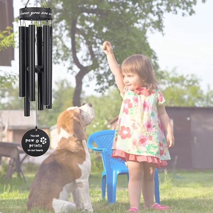 Pet Memorial Wind Chimes, 30 Inches Paw Print Pet Remembrance Gift to Honor and Remember a Dog, Cat, or Other Pet, Premium Metal Wind Chime, Black