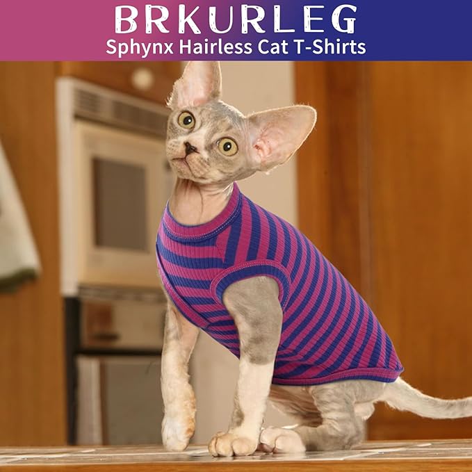 BRKURLEG Sphynx Hairless Cats Shirt Puppy Clothes Soft Cotton T-Shirts Cute Cats Pajamas Cat Stripes Vest Pet Sweater, Round Collar Vest Kitten Shirts(PinkBlue Stripes, S)