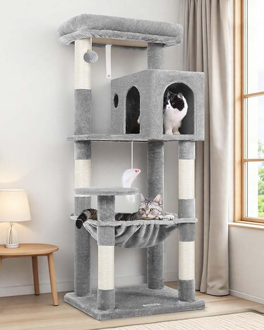 Globlazer Cat Tree Tower with Scratching Post for Indoor Cats, 53inch Tall Plush Multi-Level Cat Climbing Tower Condo House with Large Hammock, Spacious Cat Cave, Padded Top Perch Bed, F53, Light Gray