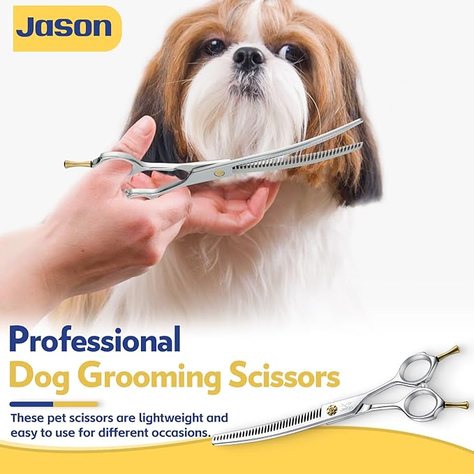 JASON Dog Shears for Grooming - 7" Up-curved Thinning Scissors with 55%-60% Thinning Rate, Japanese 440C Stainless Steel Dog Grooming Blenders with Adjustable Screw (35 Teeth, Silver)