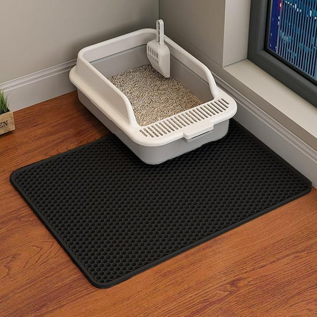 HCY&WLD Cat Litter Mat, 45x26/35x24/30x22/24x18 Inch Double Layer Cat Litter Box Mat, EVA Non-Slip, Waterproof Urine Proof Cat Litter Catcher Mat, Easy Clean Scatter Control (24x18 Inch, Black)