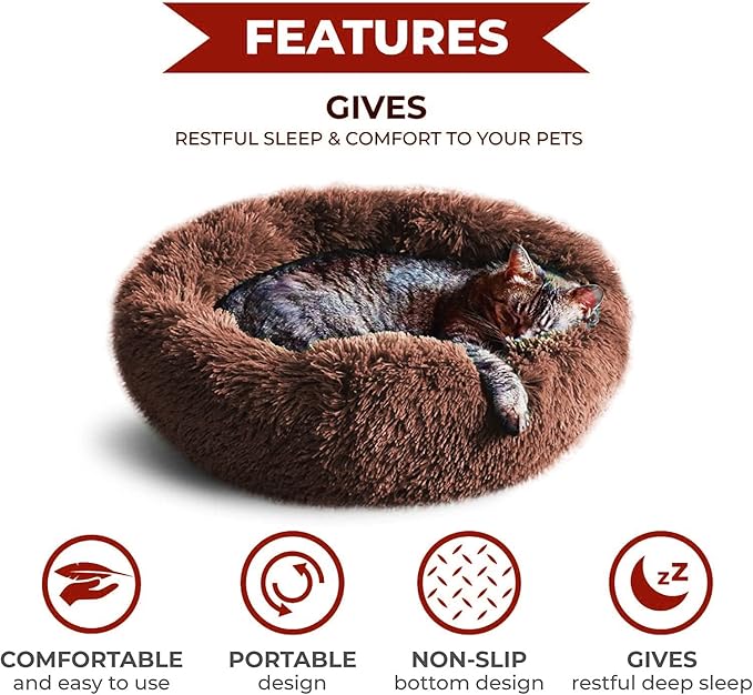Whiskers & Friends Cat Bed, Cat Beds for Indoor Cats Washable, Orthopedic Soft Fluffy Round Calming Pet Bed for Small to Large Kitty Kittens & Dogs, Small Dog Beds & Furniture
