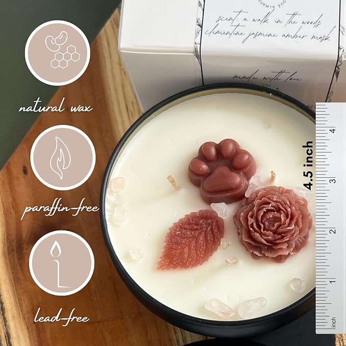 Paw Print Pet Loss Candle – Dog Memorial Gifts for Loss of Dog – Sympathy Gift and Bereavement Candle with Rose Quartz Stones, Clementine, Jasmine & Amber Musk – Rainbow Bridge Pet Remembrance Gift