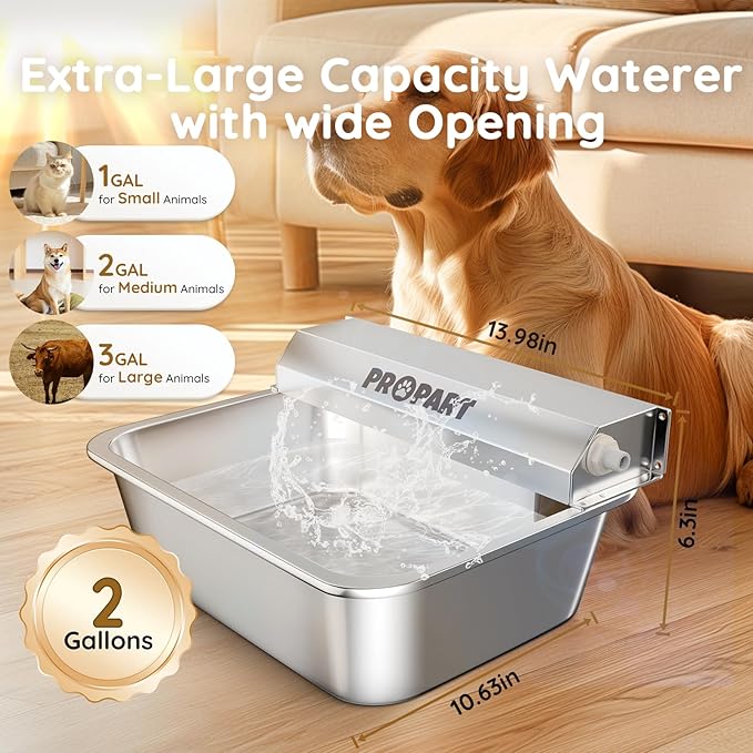 2 Gallon Automatic Dog Water Dispenser, Stainless Steel Water Bowl for Pets & Livestock, Large Auto Fill Waterer Feeder, No Electricity, Fit 3/4" GHT Faucet, Anti-Tip Design