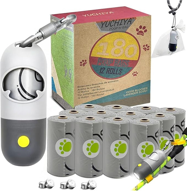 Dog Poop Bags Holder with LED Flashlight|Pet Waste Bags Dispenser for Leash|Doggie Potty Bags Container with Leak-proof Pet Trash Bags and Accessories (Light Gray, 1 Holder 195 Bags)