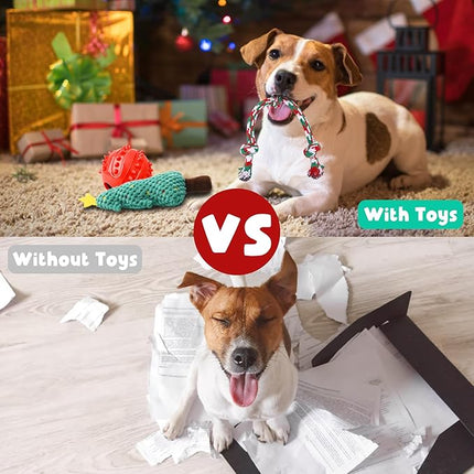 Zeaxuie Dog Chew Toys for Xmas - 9 Pack Santa Puppy Toys for Teething Small Dogs with Rope Toys, Treat Ball and Squeaky Dog Toys