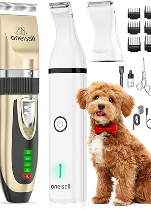 oneisall Dog Clippers and Paw Trimmer Kit 2 in 1 Low Noise Cordless Dog Clippers for Grooming Pet Hair Trimmers for Small and Large Dogs Cats Animals