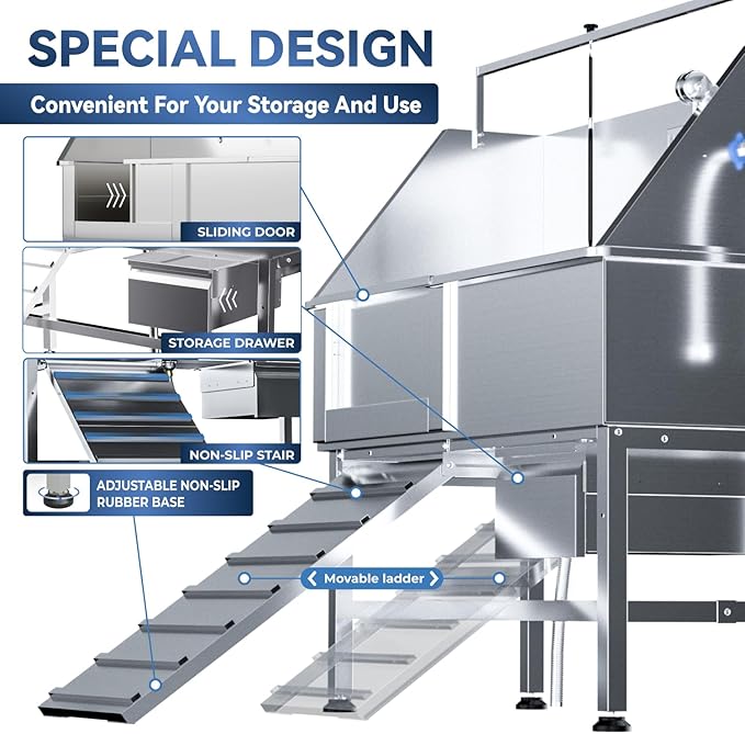 Dog Washing Station for Home,Professional 46" Stainless Steel Dog Bathing Station Height Adjustable Dog Wash Station Dog Grooming Tub Stair, Drawer, Floor Grate & Fauct (Left Ramp)