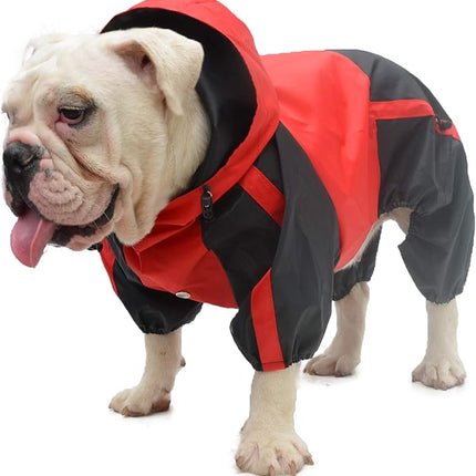 Lovelonglong American Bully Pitbull Dog Hooded Raincoat, Bulldog Rain Jacket Poncho Waterproof Clothes with Hood Breathable 4 Feet Four Legs Rain Coats for Pugs English French Bulldog Red B-L