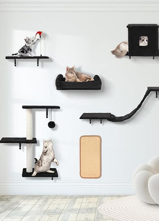Cat Wall Shelves, 6 in 1 Cat Wall Furniture Set with Condos House, Bed, Bridge, Tree, Steps, Scratching Board, DIY Walls Playground for Indoor (Black)