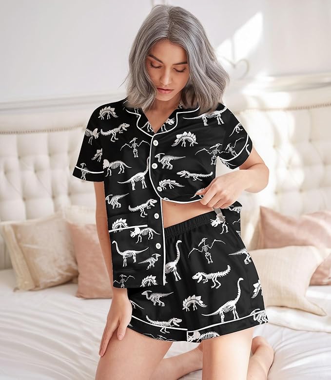 Women’s Silk Satin Pajama Set, Short Sleeve Button Down 2 Piece PJs with Shorts, Cozy Loungewear & Matching Holiday Pajamas