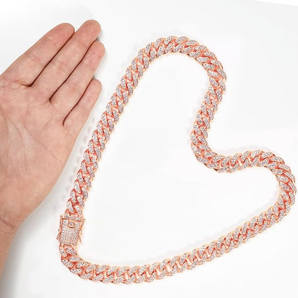 Rosegold Dog Chain Collar Diamond Cuban Link Dog Collar 13mm Wide Dog Necklace Metal Cat Chain Pet Crystal Collar Jewelry Accessories for Small Medium Large Dogs Cats(12inch)