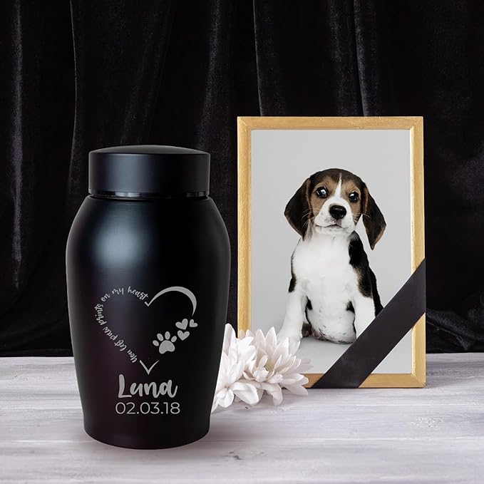 Personalized Cremation Keepsake Pet Ashes Urn Waterproof with Airtight Closure Customized Text Engraving Vase Container Memorial Dog Cat Funeral Decorative (You Left paw Prints on My Heart)