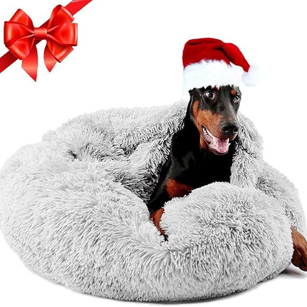 Himax Donut Dog Beds for Large Dogs with Blanket, Cozy Soft Fluffy Round Dogs Beds, Calming Dog Bed Washable (20"/26"/35") Light Grey